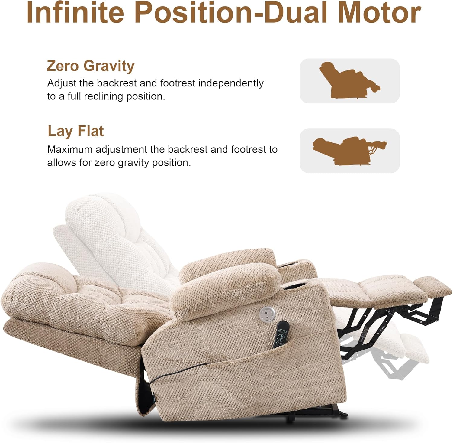 Dual Motor Elderly Lift Chair with Independent Backrest & Footrest Adjustment, Oversized Design,Extended Footrest, USB & Type-C Charging Ports, Built-in Cupholder for Living Room Comfort