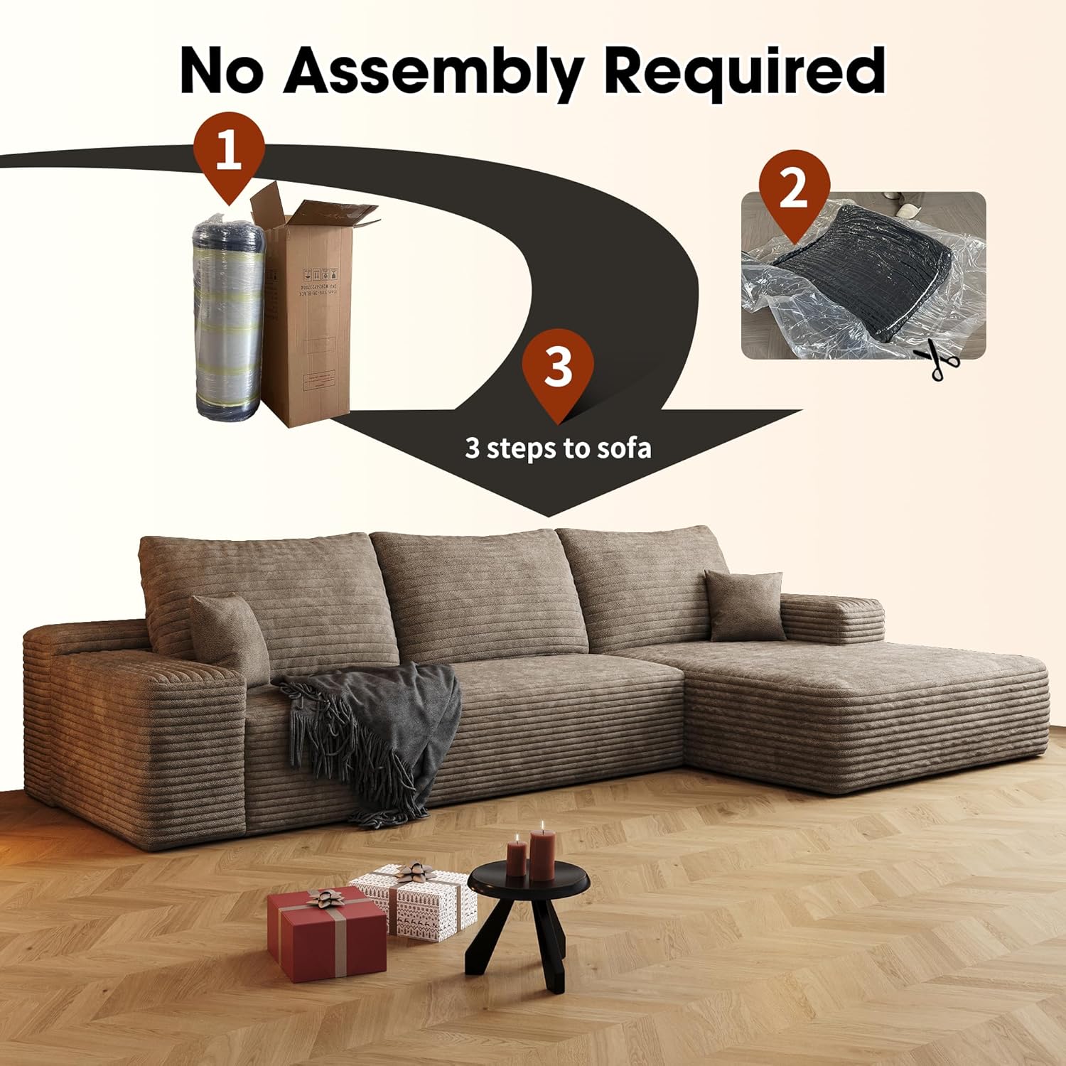 108" Sectional Couches for Living Room Modern Modular Sofa with L-Shape Couchs Upholstered Boneless Couch Deep Seat Sectional Couch with Chaise (Camel, Right Facing Chaise+2Seaters)