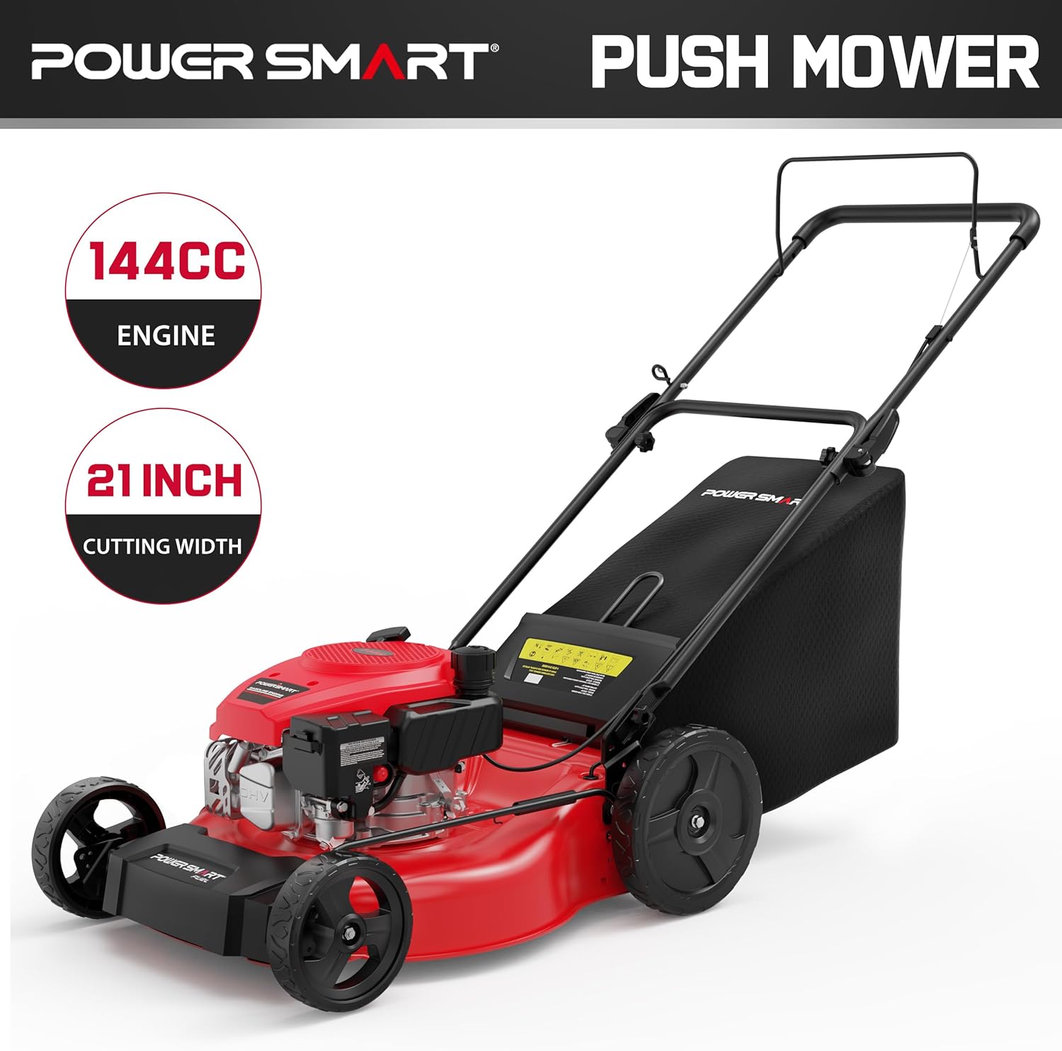 PowerSmart 21" 2-in-1 Push Lawn Mower  144cc Engine Mulching  Bagging  High Wheels  Lightweight and Easy Assembly 6 Cutting Height  Lightweight for Garden Yard
