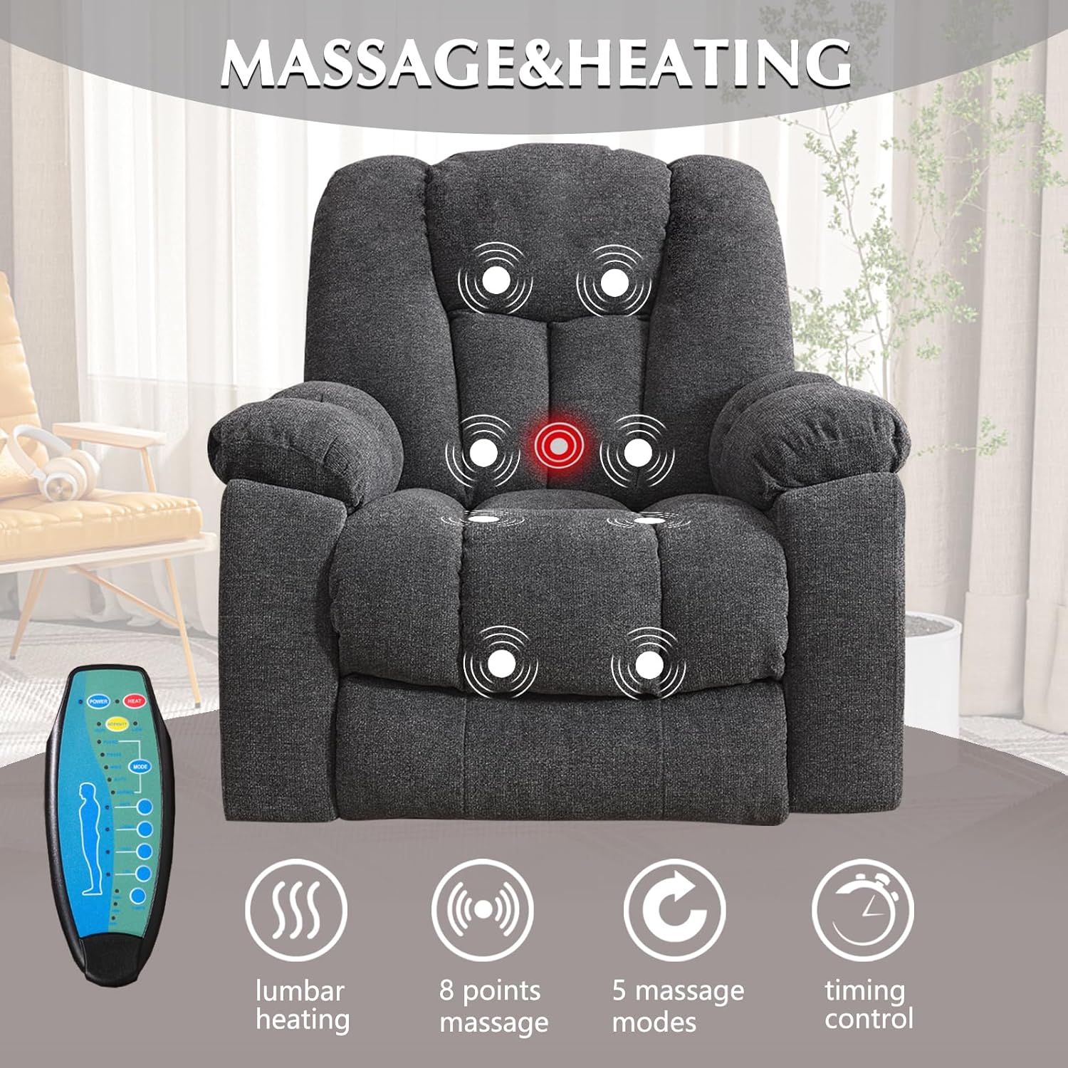 CANMOV Power Lift Recliner Chair with Massage and Heat for Elderly, Overstuffed Wide Recliners, Heavy Duty and Safety Motion Reclining Mechanism with USB Ports, 2 Concealed Cup Holders, Smoke Gray