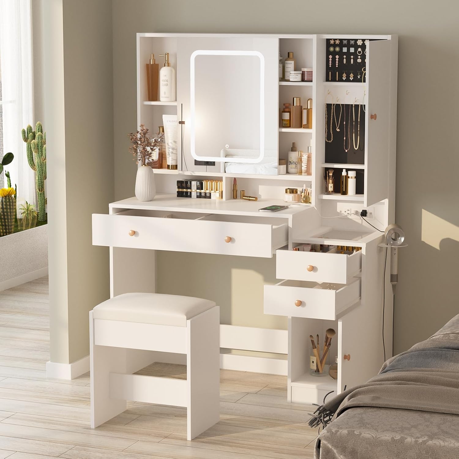 Vanity Desk with Mirror and Lights, Glass Top Vanity Table Makeup Vanity with Lights and Charging Station & Sliding Door, Glass Top Vanity with 3 Drawers and Jewelry Cabinet, 42.8inch
