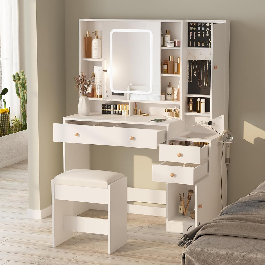 Vanity Desk with Mirror and Lights, Glass Top Vanity Table Makeup Vanity with Lights and Charging Station & Sliding Door, Glass Top Vanity with 3 Drawers and Jewelry Cabinet, 42.8inch
