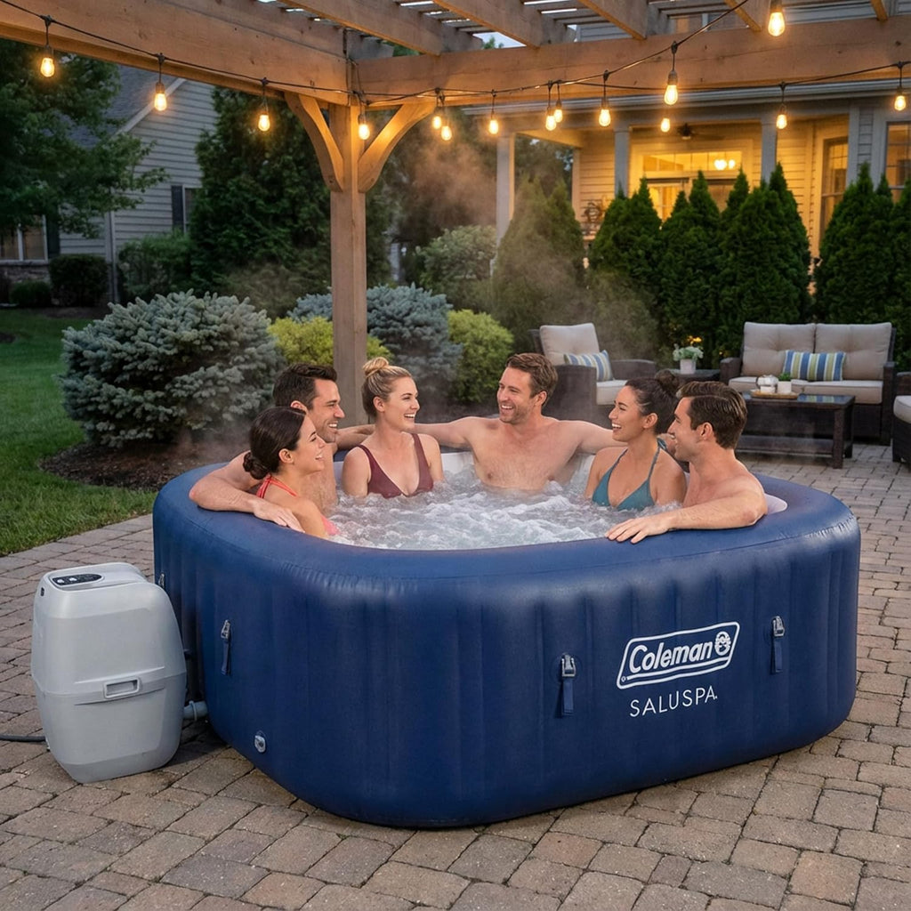 Coleman SaluSpa Atlantis AirJet Inflatable Hot Tub  4 to 6 Person Square Portable Outdoor Spa with 140 Air Jets  App Control and EnergySense Insulated Cover  71" x 28"