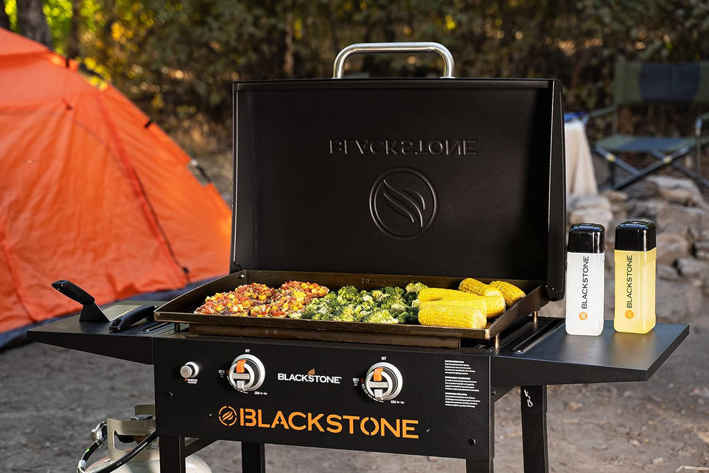 BLACKSTONE 1883 Original 28” Griddle with Integrated Protective Hood and Counter Height Side Shelves  Powder Coated Steel  Black