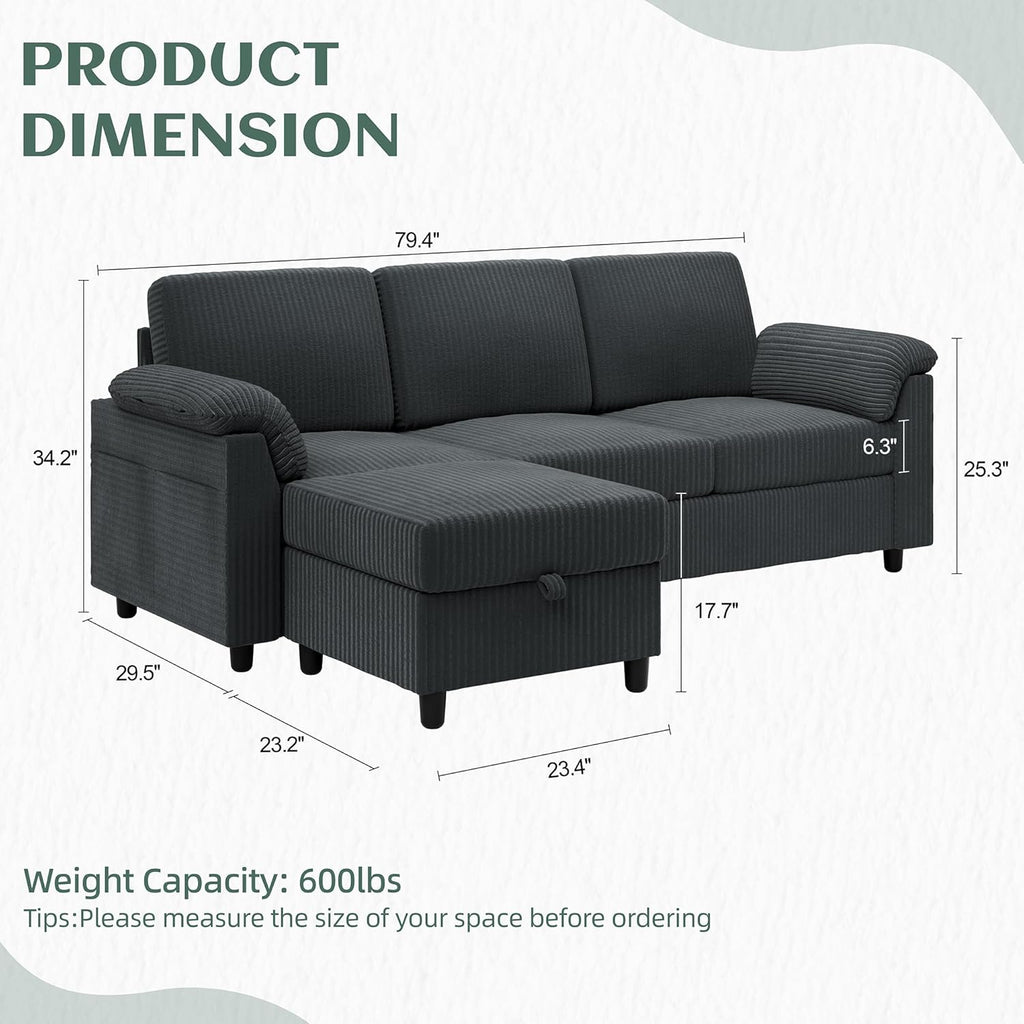 Vongrasig Convertible Sectional Sofa Couch, 3 Seat L Shaped Sofa with Removable Pillows Soft Corduroy Fabric Small Couch Mid Century for Living Room, Apartment and Office (Gray)