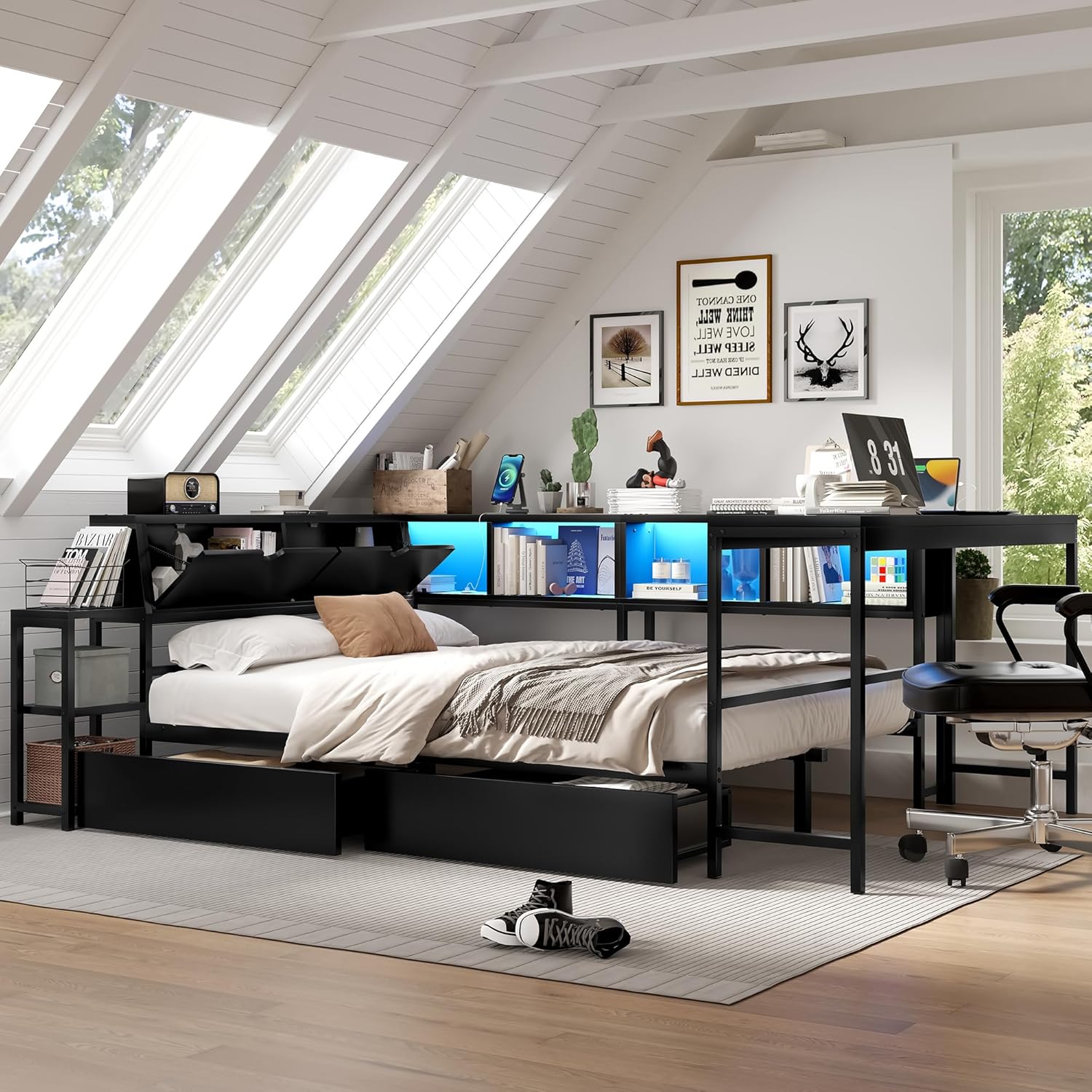 SOFTSEA Twin Size Corner Bed with Desk, Storage Drawers, Bookcase and LED Lights, Metal Daybed with Desk, USB Ports & LED Light for Kids, Teens & Adults, Metal Slats Support, Black