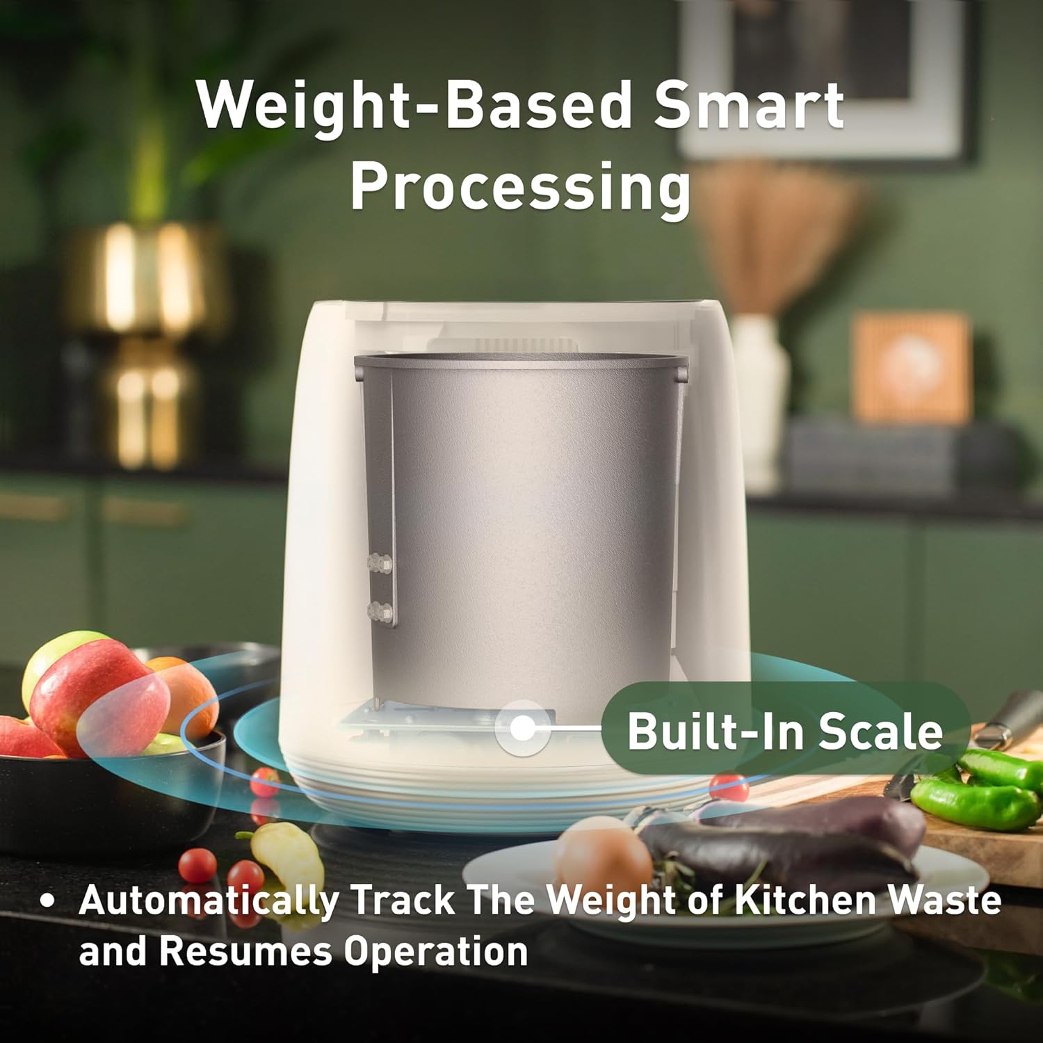 Vego Kitchen Composter, 4L Electric Composter Countertop 5 Modes Weight-Based Smart Compost Bin with App Odorless Auto-Cleaning Food Waste Compost Machine Indoor, White