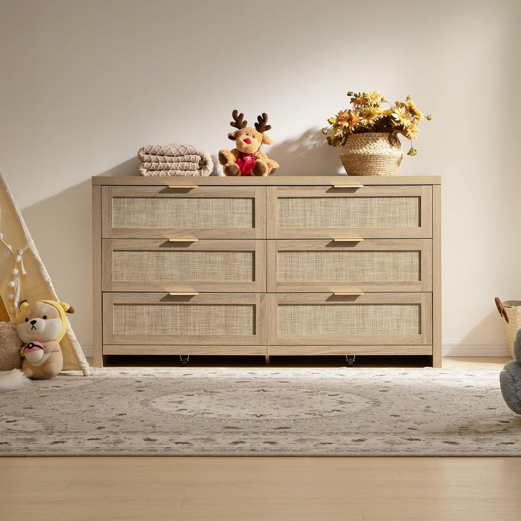 SICOTAS Rattan Dresser for Bedroom, 57" Wide 6 Drawer Dresser with Ample Storage, Dressers Large Chest of Drawers, Closet, Boho TV Stand for Bedroom (Reclaimed Light Oak, 1 Piece)