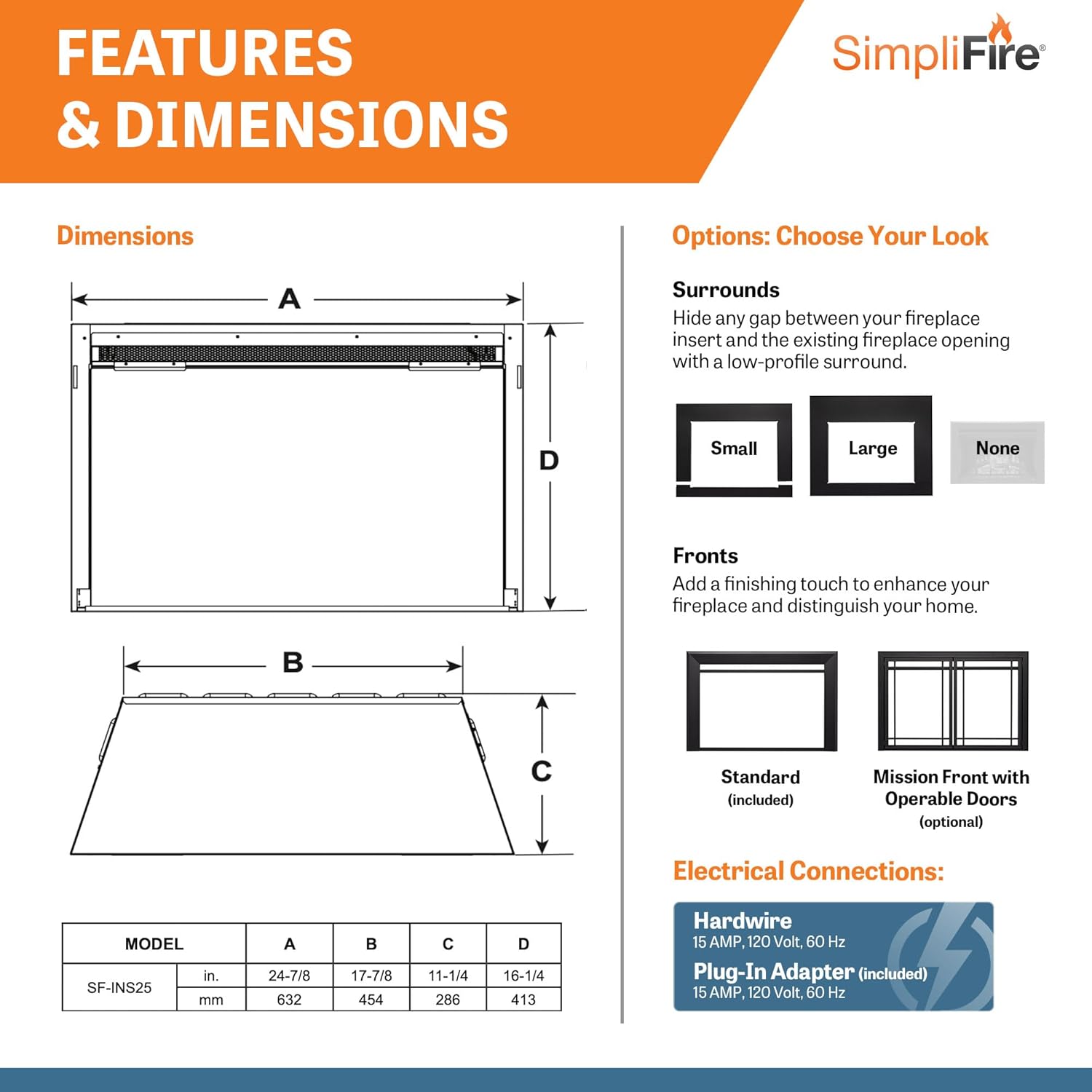 SimpliFire 25-Inch Built-in Electric Fireplace (SF-INS25)