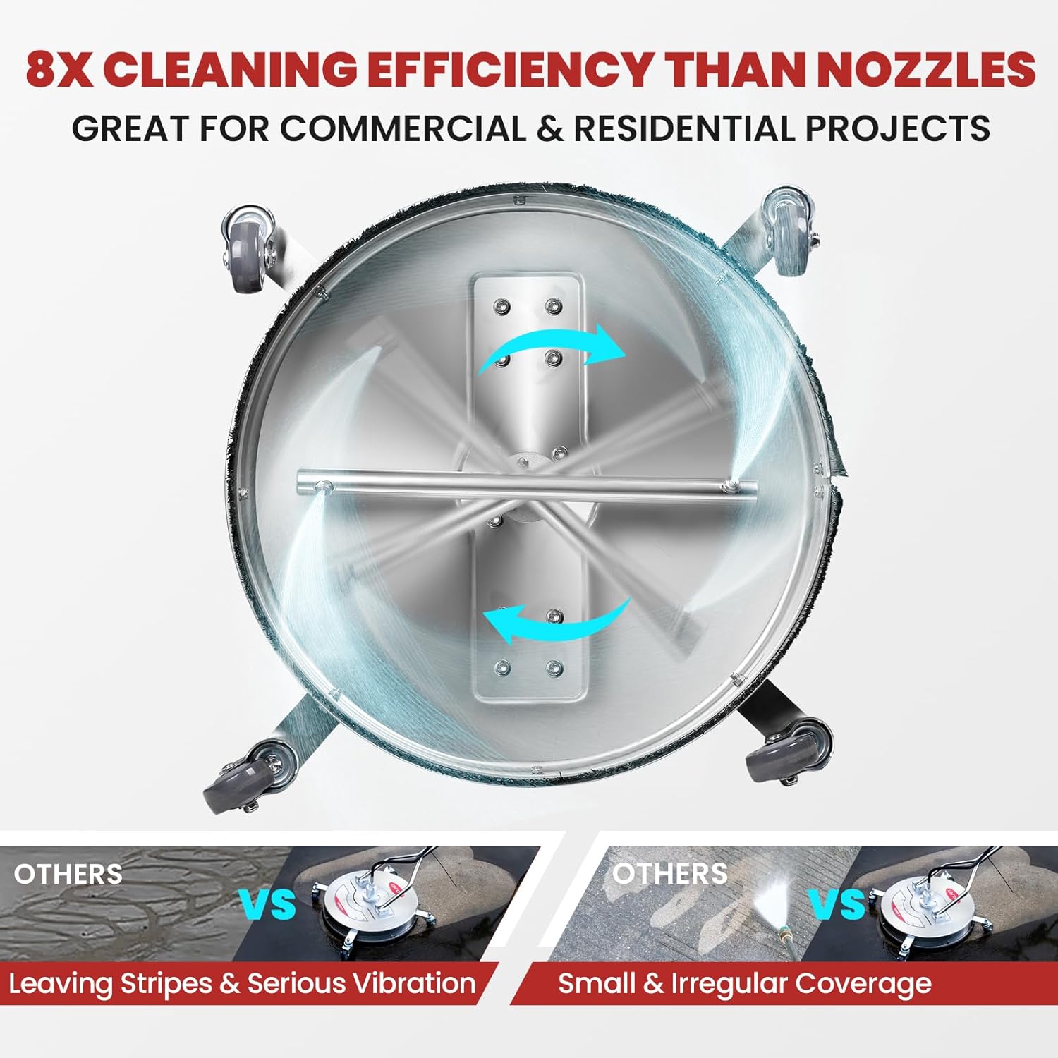 WOJET 20" Pressure Washer Surface Cleaner with 4 Wheels&Dual Handles  4500PSI Stainless Steel Surface Cleaner Attachment for Pressure Washer for Concrete Driveway Sidewalk Deck Patio  Commercial Grade