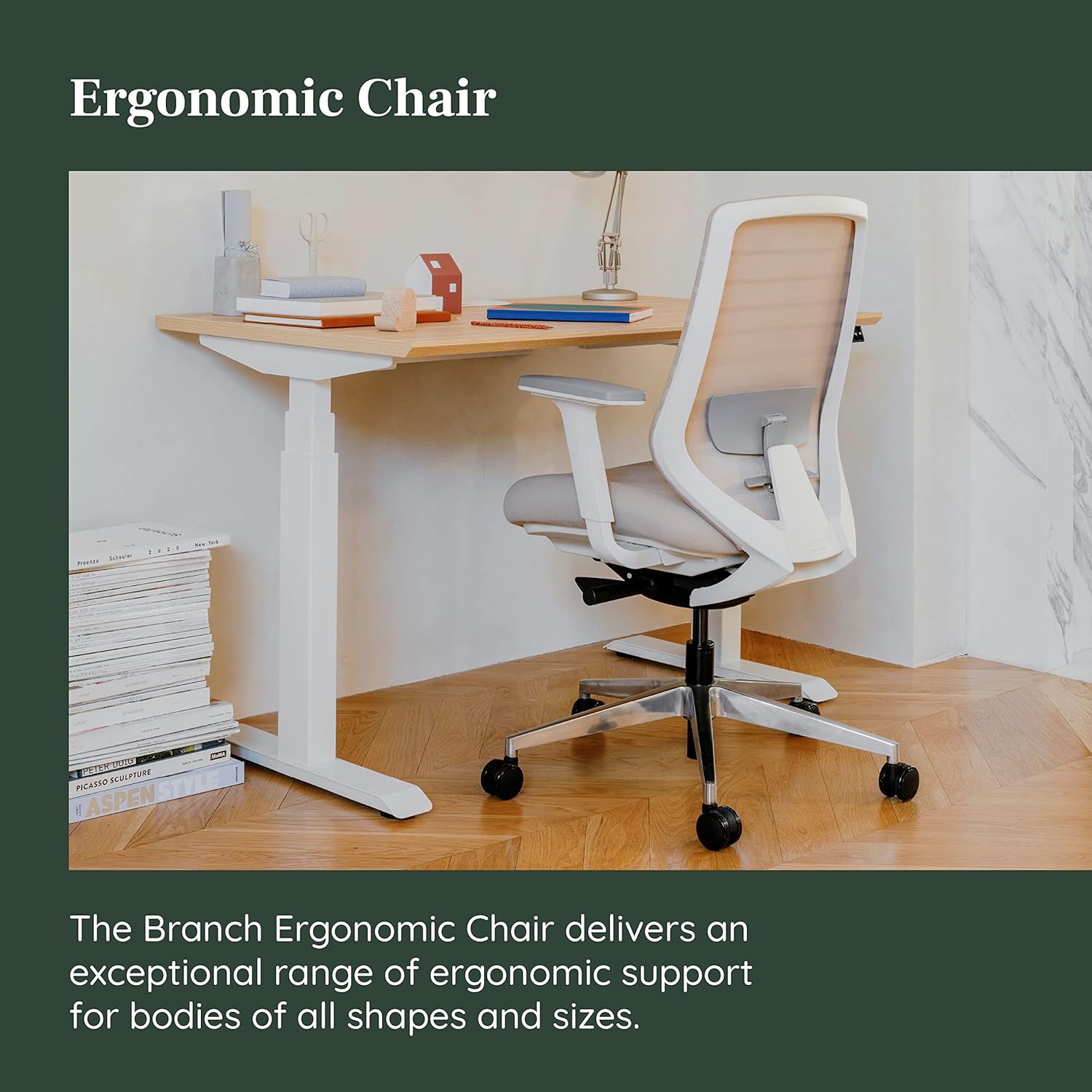 Branch Ergonomic Chair - A Versatile Desk Chair with Adjustable Lumbar Support, Breathable Mesh Backrest, and Smooth Wheels - Experience Optimal Comfort and Support - Sand - White