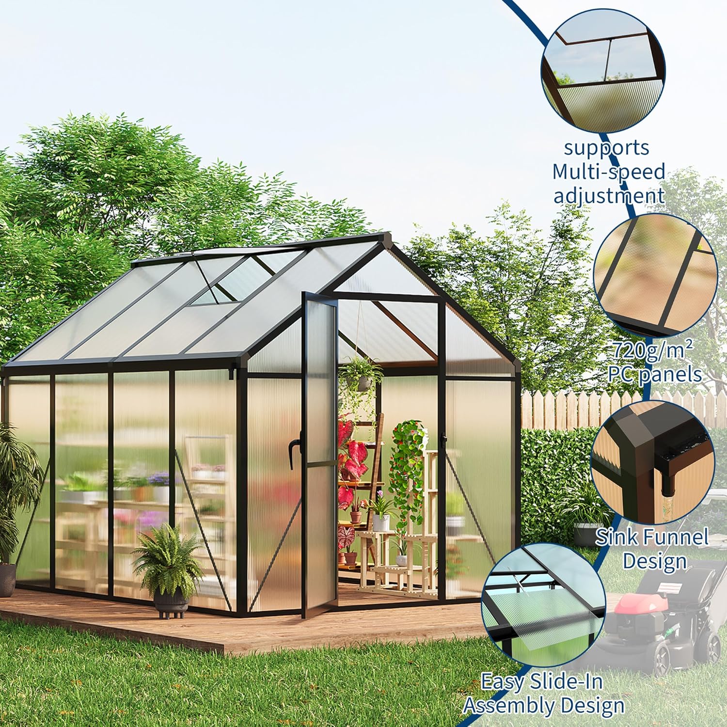 6 x 8 ft Greenhouse  Greenhouses for Outside  Polycarbonate Greenhouse with Aluminum Frame  Lockable Door and Ajustable Roof Vent for Backyard  Green Houses for Outside Garden Backyard  Patio