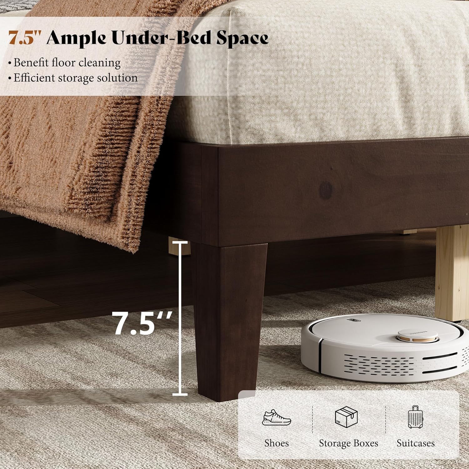 AMERLIFE King Sizes Solid Wood Bed Frame with 48" Headboard, Mid Century Modern Platform Bed with Silent Wood Slat System, No Box Spring Needed, Under-Bed Storage, Walnut