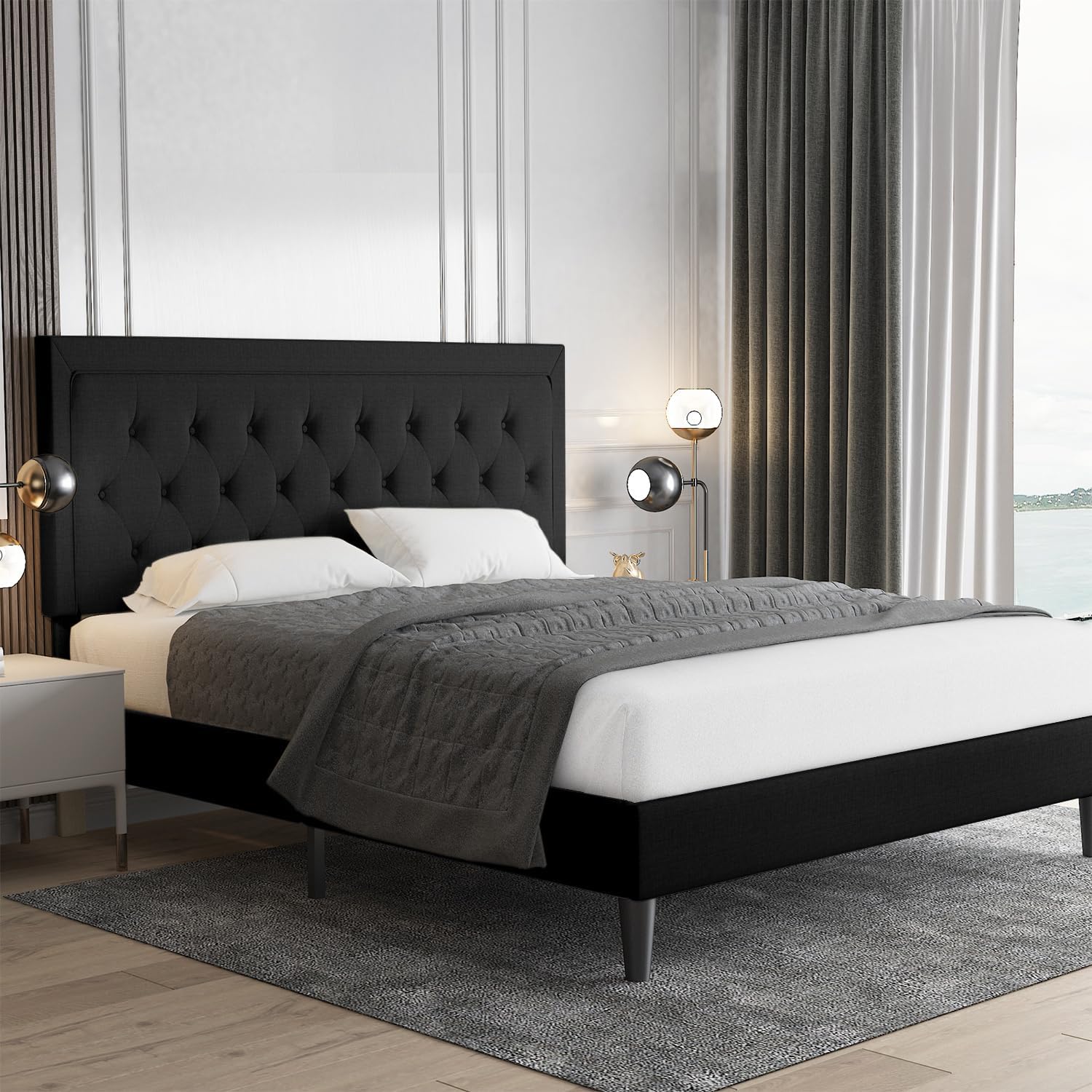 Allewie Queen Size Upholstered Platform Bed Frame with Adjustable Headboard, Button Tufted, Wood Slat Support, Easy Assembly, Black