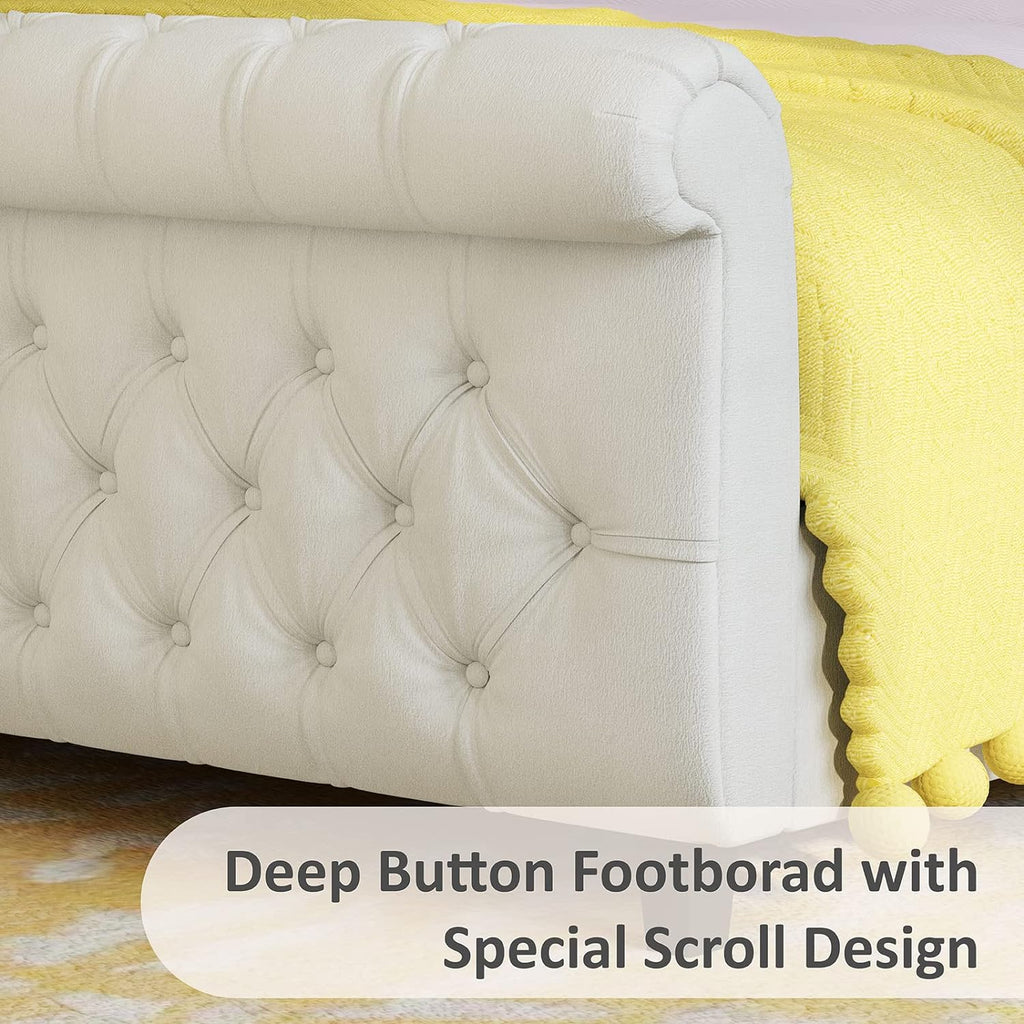 Queen Size Platform Bed Frame, Chenille Upholstered Sleigh Bed with Curved Headboard & Footboard, Deep Button Tufted, Wood Slats Support, No Box Spring Needed, Cream
