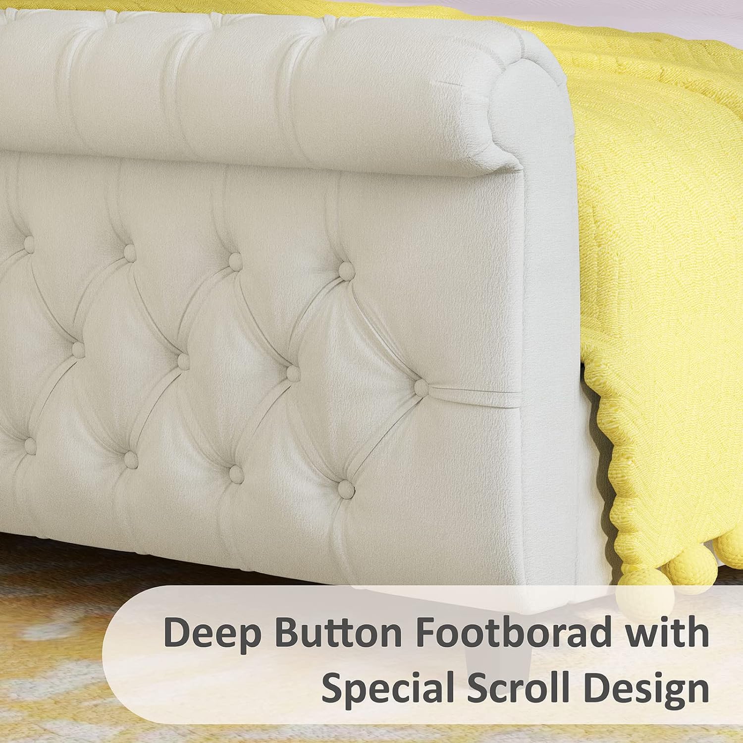 Queen Size Platform Bed Frame, Chenille Upholstered Sleigh Bed with Curved Headboard & Footboard, Deep Button Tufted, Wood Slats Support, No Box Spring Needed, Cream