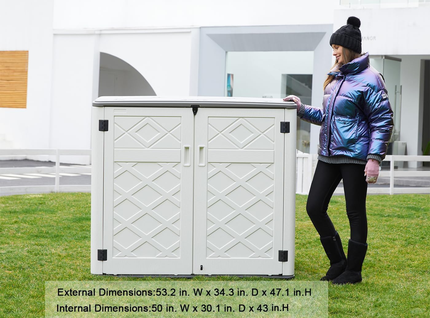 KINYING Larger Outdoor Storage Shed Weather Resistance  Horizontal Outdoor Storage Box Waterproof for Garden  Patios  Backyards  48 Cu.ft Capacity for Garbage Cans  Lawn Mower  Garden Tools