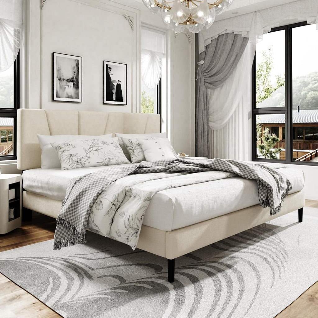 King Size Platform Bed Frame with Upholstered Headboard, Wooden Slats Support, Noise Free, No Box Spring Needed, Easy Assembly, Beige, Velvet
