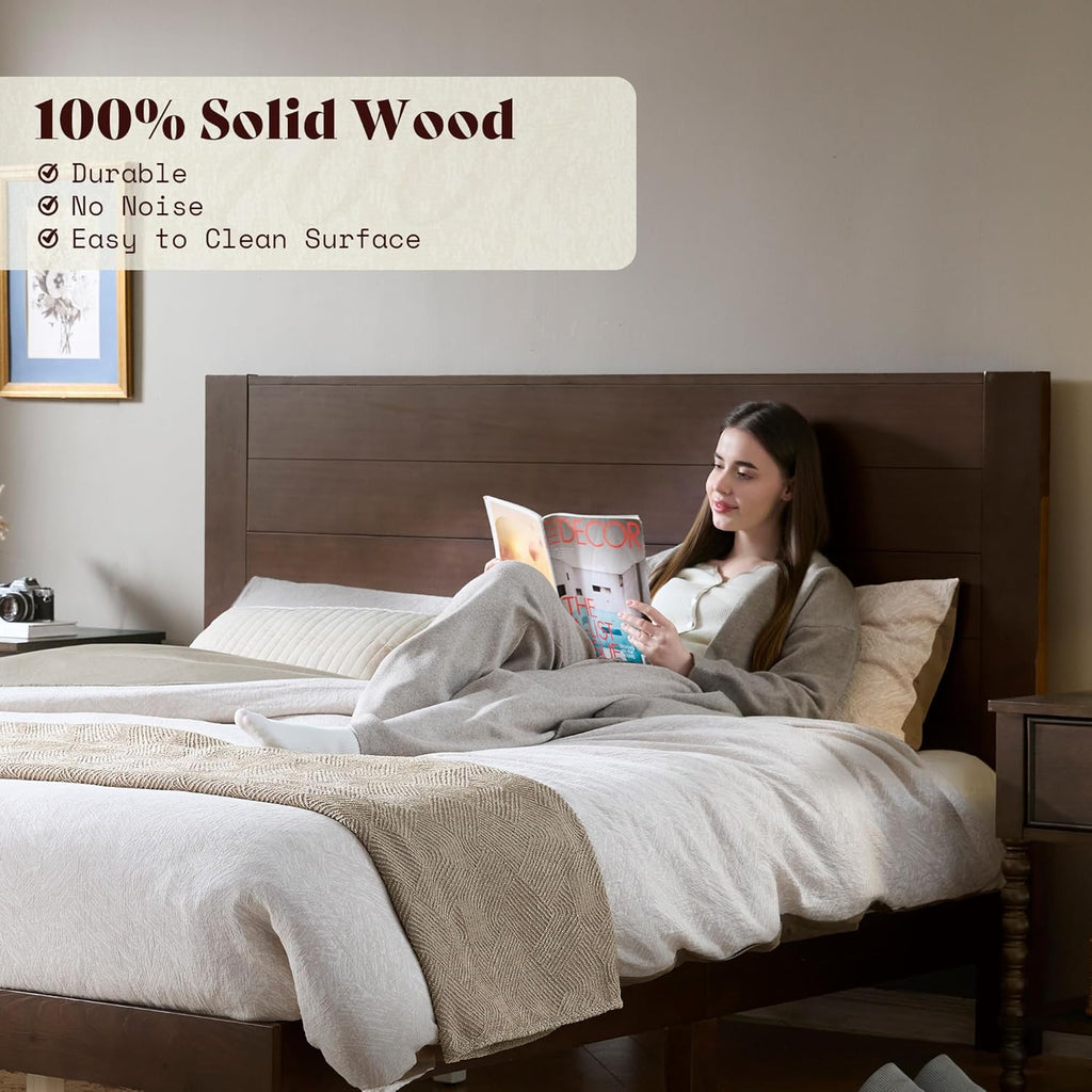 AMERLIFE King Sizes Solid Wood Bed Frame with 48" Headboard, Mid Century Modern Platform Bed with Silent Wood Slat System, No Box Spring Needed, Under-Bed Storage, Walnut