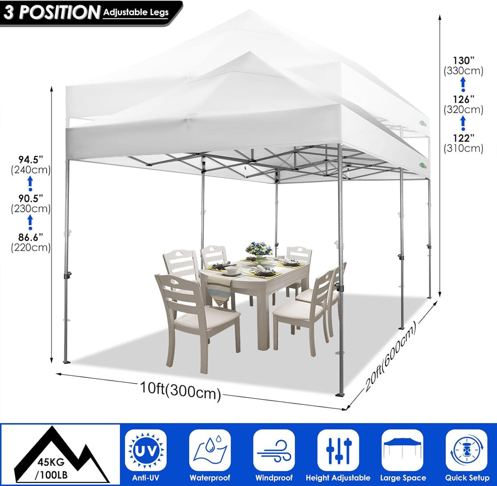 COBIZI 10x20 Heavy Duty Pop up Canopy Tent with 6 sidewalls Easy Up Commercial Outdoor Wedding Party Tents for Parties All Season Wind & Waterproof Gazebo Roller Bag  White(Frame Thickened)