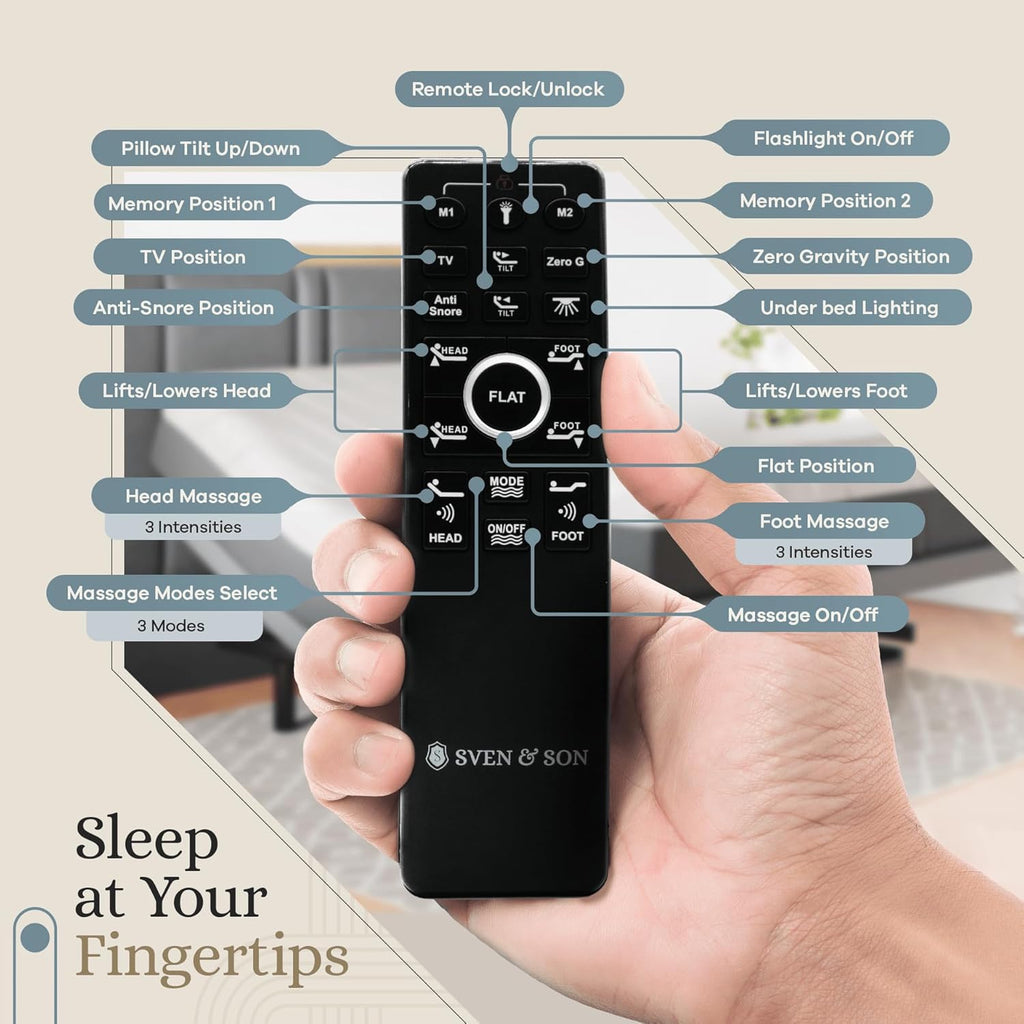Sven & Son Harmony Adjustable Bed Base, Head and Foot Lift, Massage, Under-Bed Lights, USB, Gel Memory, Zero Gravity Smart Frame - Queen + 10 inch Memory Foam Matt (Firm)