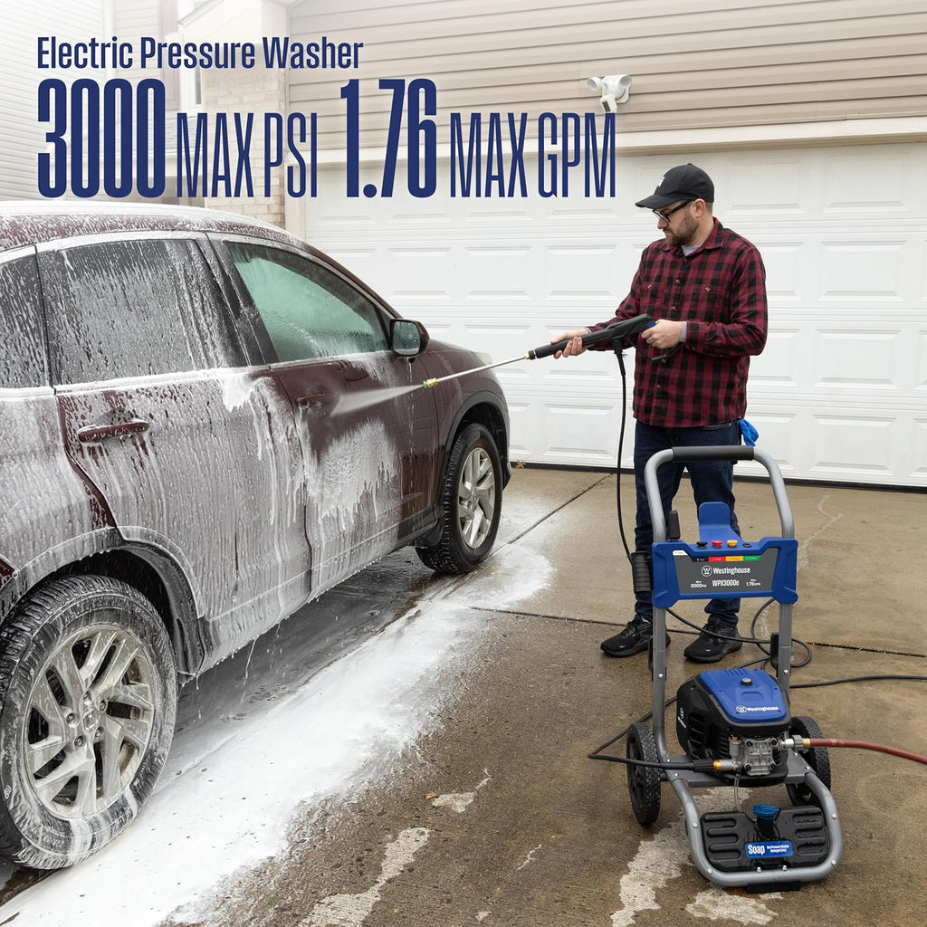 Westinghouse WPX3000e Electric Pressure Washer  3000 Max PSI and 1.76 Max GPM  Induction Motor  Onboard Soap Tank  Spray Gun and Wand  5 Nozzle Set  for Cars/Fences/Driveways/Homes/Patios/Furniture