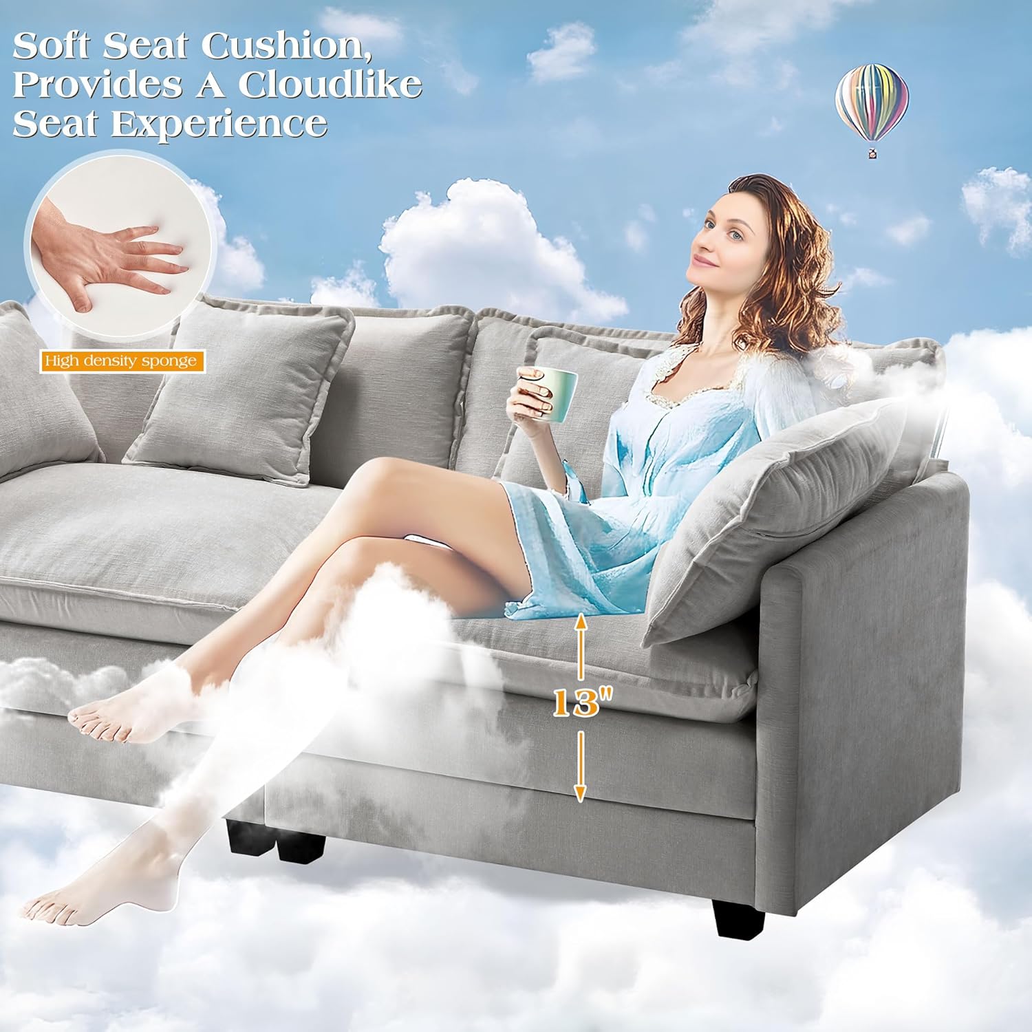 149.2" Modular Sectional Sofa,U Shaped Couch for Living Room,Modern Deep Seat Sofa 3 Seater Chenille Fabric Comfy Cloud Couches with Throw Pillows & Movable Ottoman