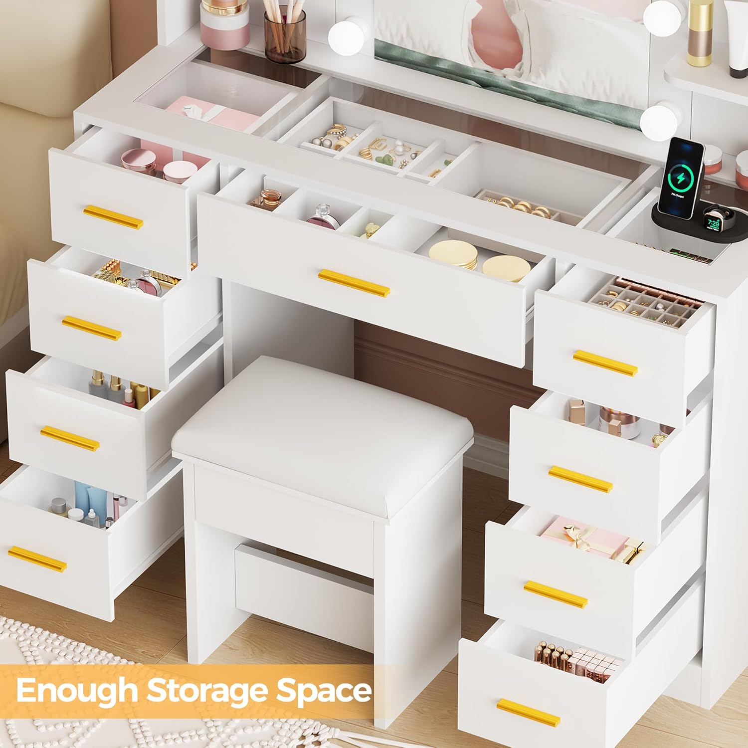 BEWISHOME Makeup Vanity Desk with Mirror and Lights White Vanity Table with Glass Top Power Outlet Stool,Makeup Desk with 9 Drawers and 4 Storage Shelves,Dressing Table for Bedroom Women FST39W