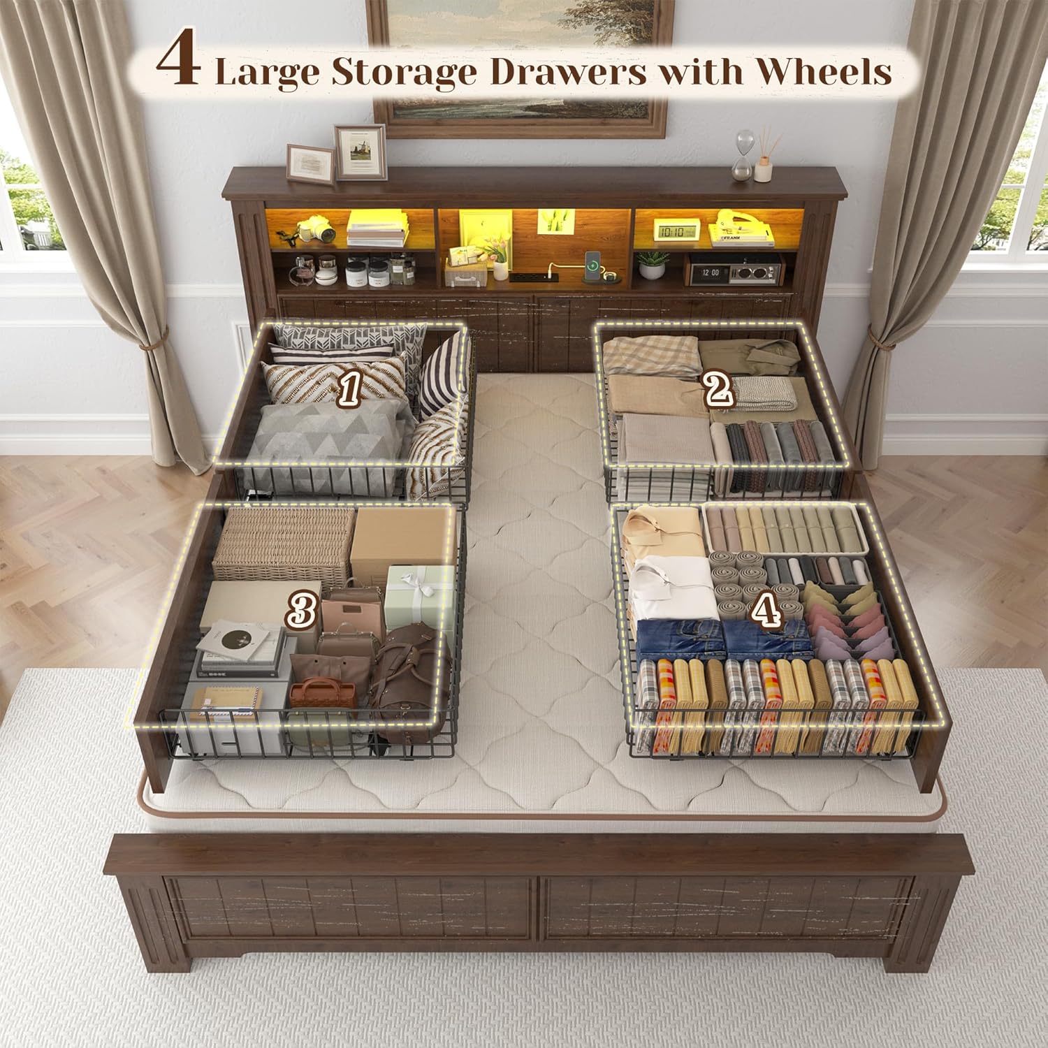 EnHomee Full Size Bed Frame with Headboard and Storage, 4 Drawers and LED Built in Charging Station Full Bed Frame with Storage Farmhouse, NO Noise,No Box Spring Needed,Brown