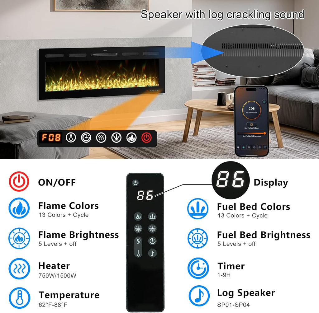 72 Inch WiFi Electric Fireplace Heater with Sound, Wall Mounted, Recessed or Free‑Standing, 750/1500W, 13 Flame & Fuel Bed Colors, Dimmable, Remote & App Control, Alexa & Google Home