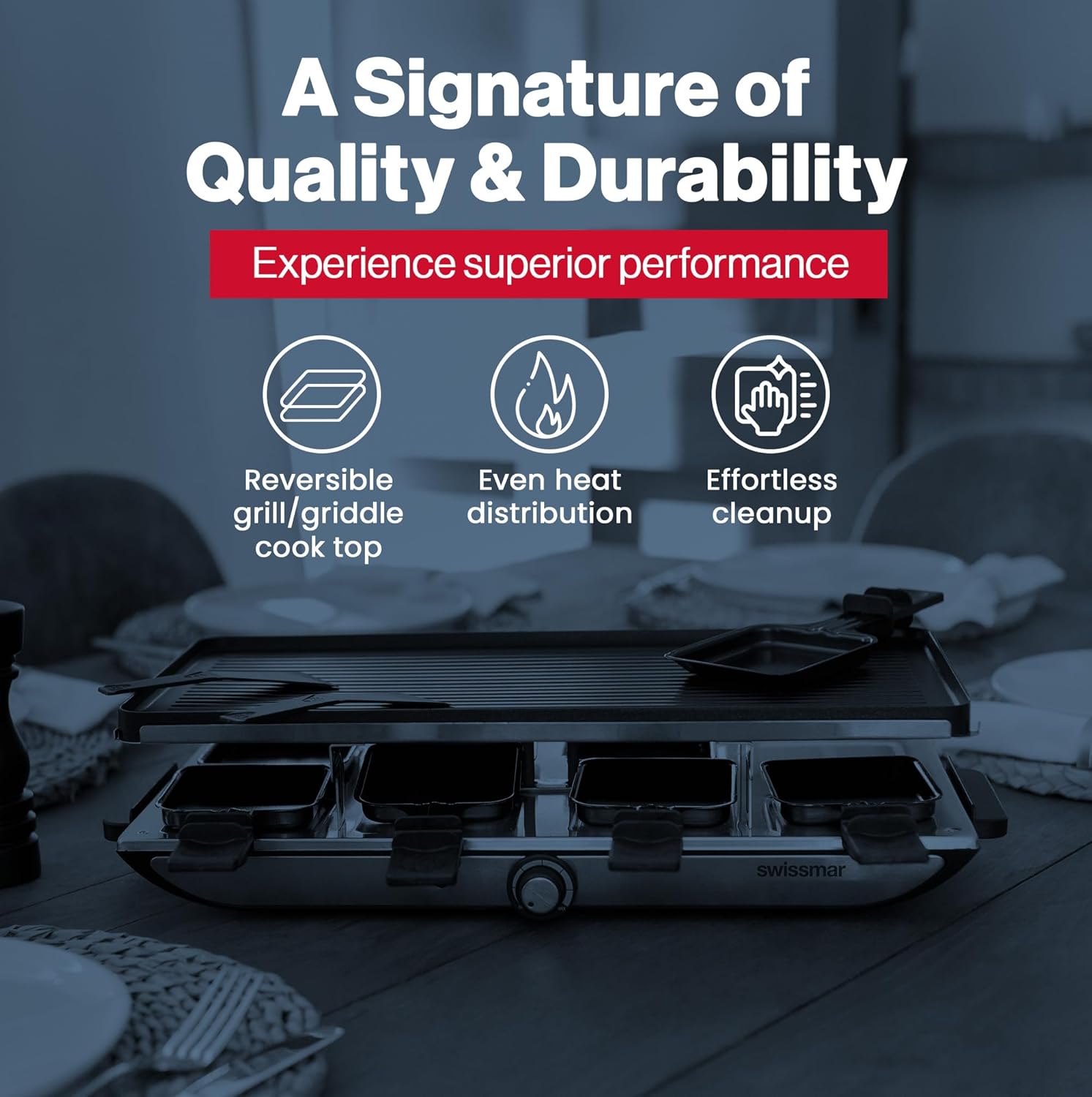 Swissmar Geneva Raclette Grill with Reversible Cast Aluminum Grill Top - Perfect for outdoor & Indoor Electric Raclette Grill & Griller - Barbeque Bonding - 8-Person