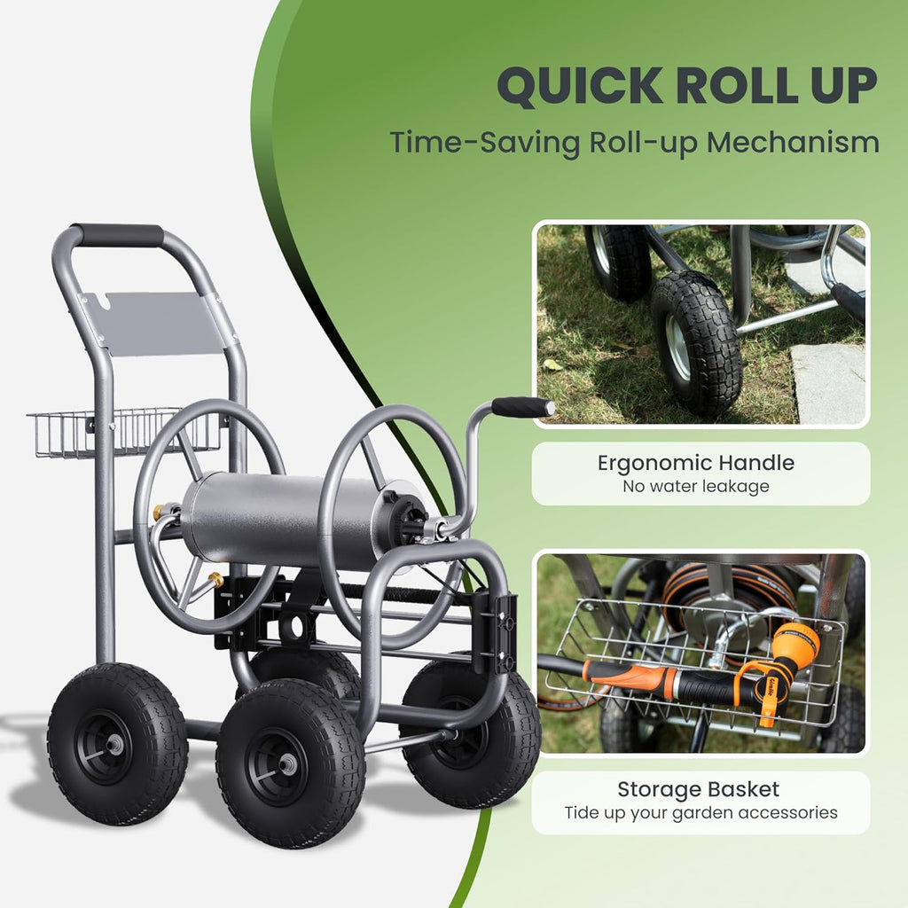 Giraffe Tools Heavy Duty Garden Hose Reel Cart with Wheels - Industrial Outdoor Hose Storage Reel  Pre-Installed Guide for 250-Feet of 5/8" Hose Capacity