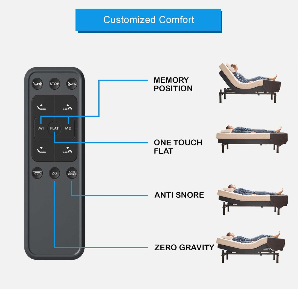 Twin XL Adjustable Bed Base | Dual Massage | USB Ports | Zero Gravity | Anti-Snore | Memory Positions | Under Bed Lighting | Wireless Remote | Zero Clearance