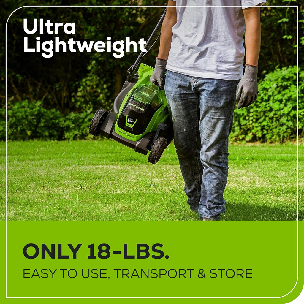 Greenworks 24V 13“ Brushless Cordless Lawn Mower with 4.0Ah Battery & Charger Maintenance-Free Push Mower with 2-in-1 Mulch/Bag