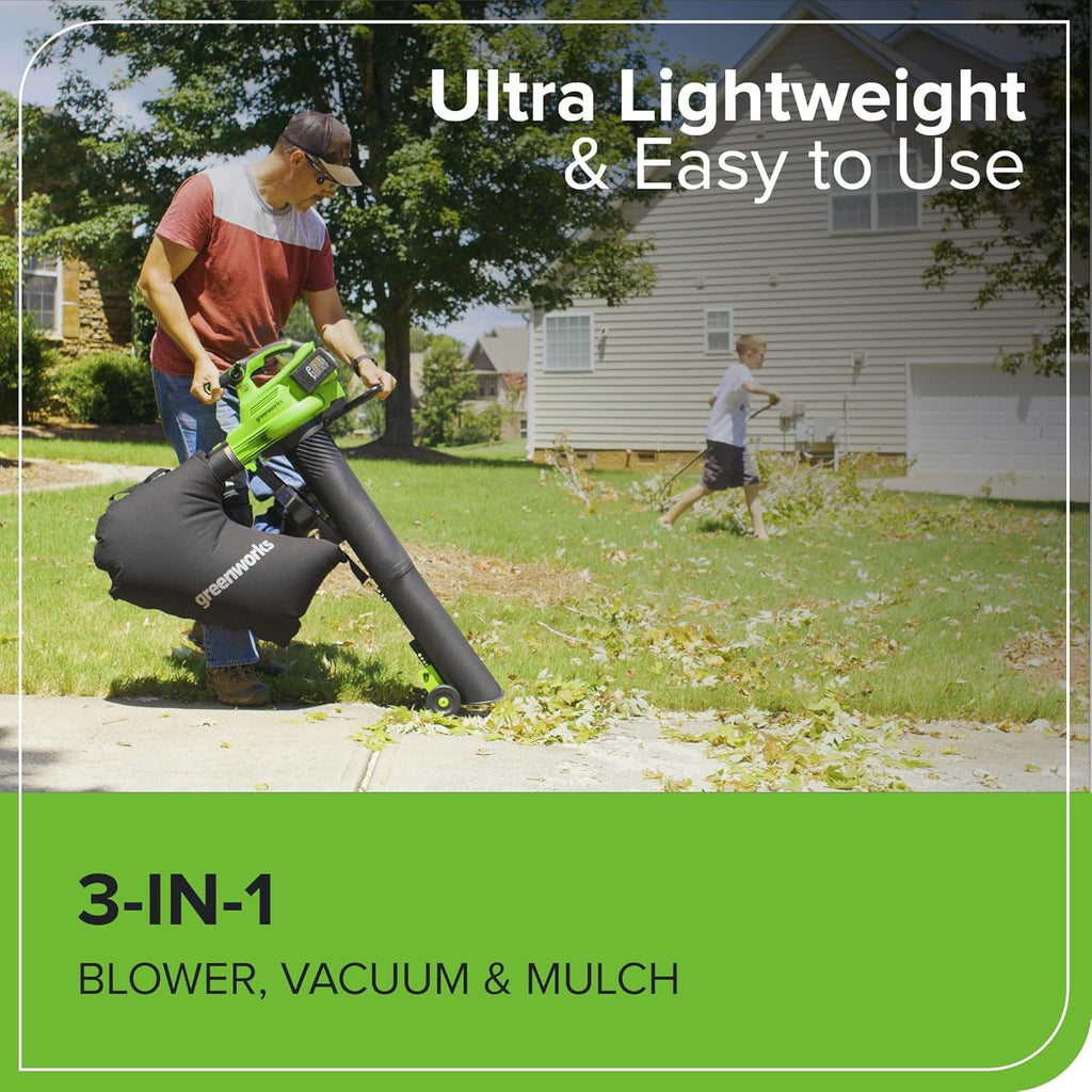 Greenworks 48V (24V x 2) Cordless Brushless Leaf Blower/Vacuum (520 CFM / 240 MPH) with Bag  Powerful & Efficient for Yard Debris Cleanup  Includes (2) 4.0Ah Battery & Dual Port Charger