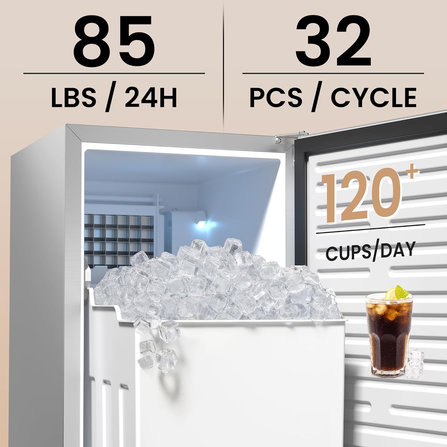 Coolski 15” Under Counter Ice Maker Machine, 85 Lbs/Day, 30 LBS Storage Bin, Auto-Cleaning, Built-in Freestanding Commercial Ice Maker for Outdoor Home Bar Restaurant