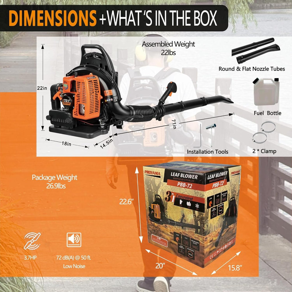 PROYAMA 72CC Gas Backpack Leaf Blower  2-Cycle 880CFM 275MPH Gas Powered Engine  2 in 1 Nozzle Low Vibration and Ergonomic Design with Cruise Control for Outdoor GardenYard Cleaning and Snow Removal