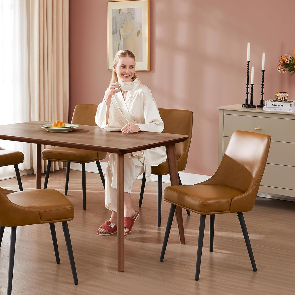 Modern Upholstered Dining Chairs Set of 4 with Thick Seat Cushion and Curved Back, Synthetic Leather Mid-Century Dinner Chair for Kitchen, Dining Room,Cafe (Faux Leather-Brown, Set of 4)