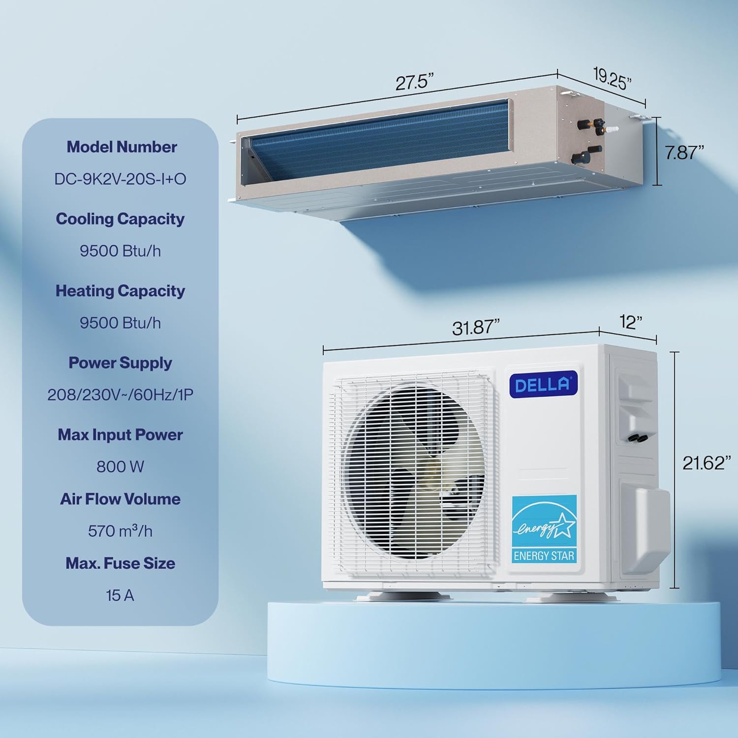 DELLA 9,500 BTU Concealed Ducted Mini Split Air Conditioner, 19.6 SEER2, Energy Star, Pre-Charged, 230V Inverter Heat Pump System, Work with Alexa and Wifi, 16.4ft Installation Kit & Thermostat