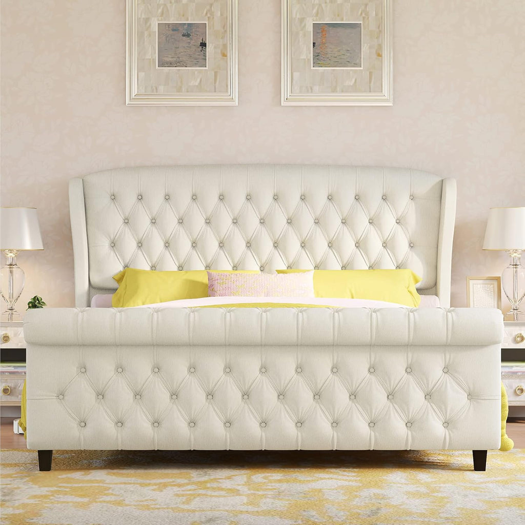King Size Platform Bed Frame, Chenille Upholstered Sleigh Bed with Curved Headboard & Footboard, Deep Button Tufted, Wood Slats Support, No Box Spring Needed, Cream