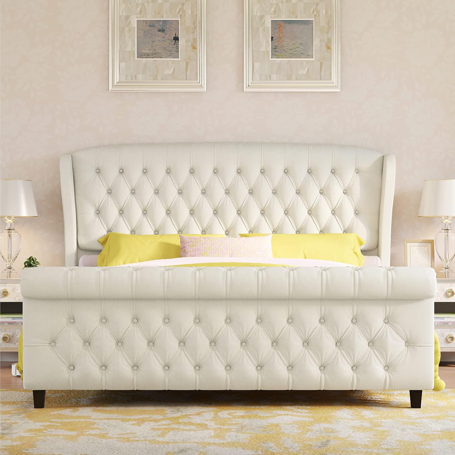 Queen Size Platform Bed Frame, Chenille Upholstered Sleigh Bed with Curved Headboard & Footboard, Deep Button Tufted, Wood Slats Support, No Box Spring Needed, Cream