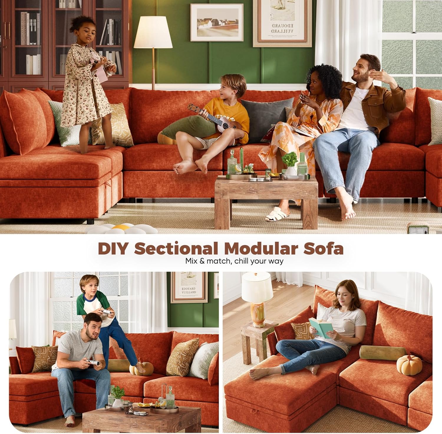 ABCASA 103.5" Oversized Modular Sectional Sofa, L Shaped Convertible Couch with Movable Ottoman, Large 6 Seat Corner Couches for Living Room Deep Seat- Terracotta Orange Chenille