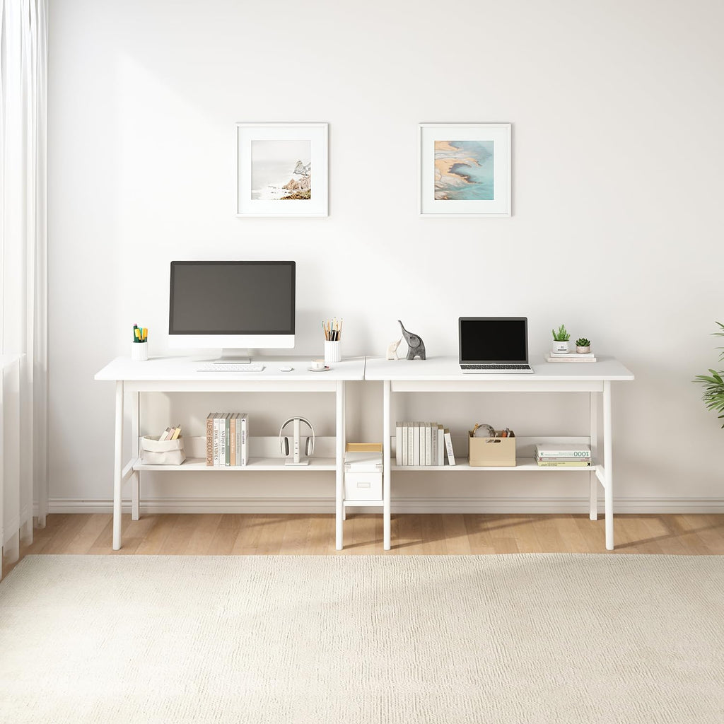 2-Person Writing Desk with Bookshelf - 79" Wooden Extra Long Home Office Work Table, Double Study Computer Workstation with Storage Shelves in White, 79" W x 24" D