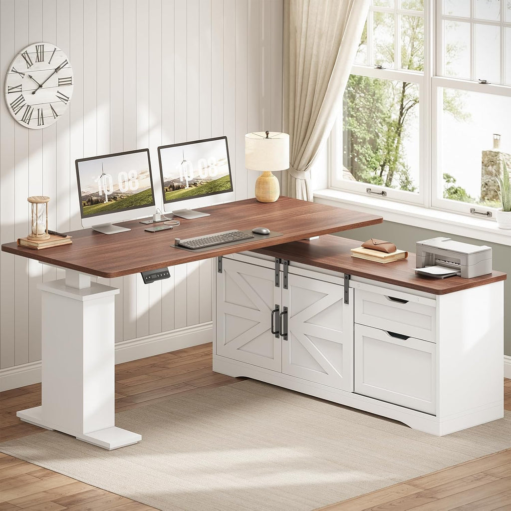 SEDETA Farmhouse L Shaped Standing Desk, 55 inch Height Adjustable Corner Desk with Storage Drawers, Standing Computer Desks with Power Outlets for Home Office, White