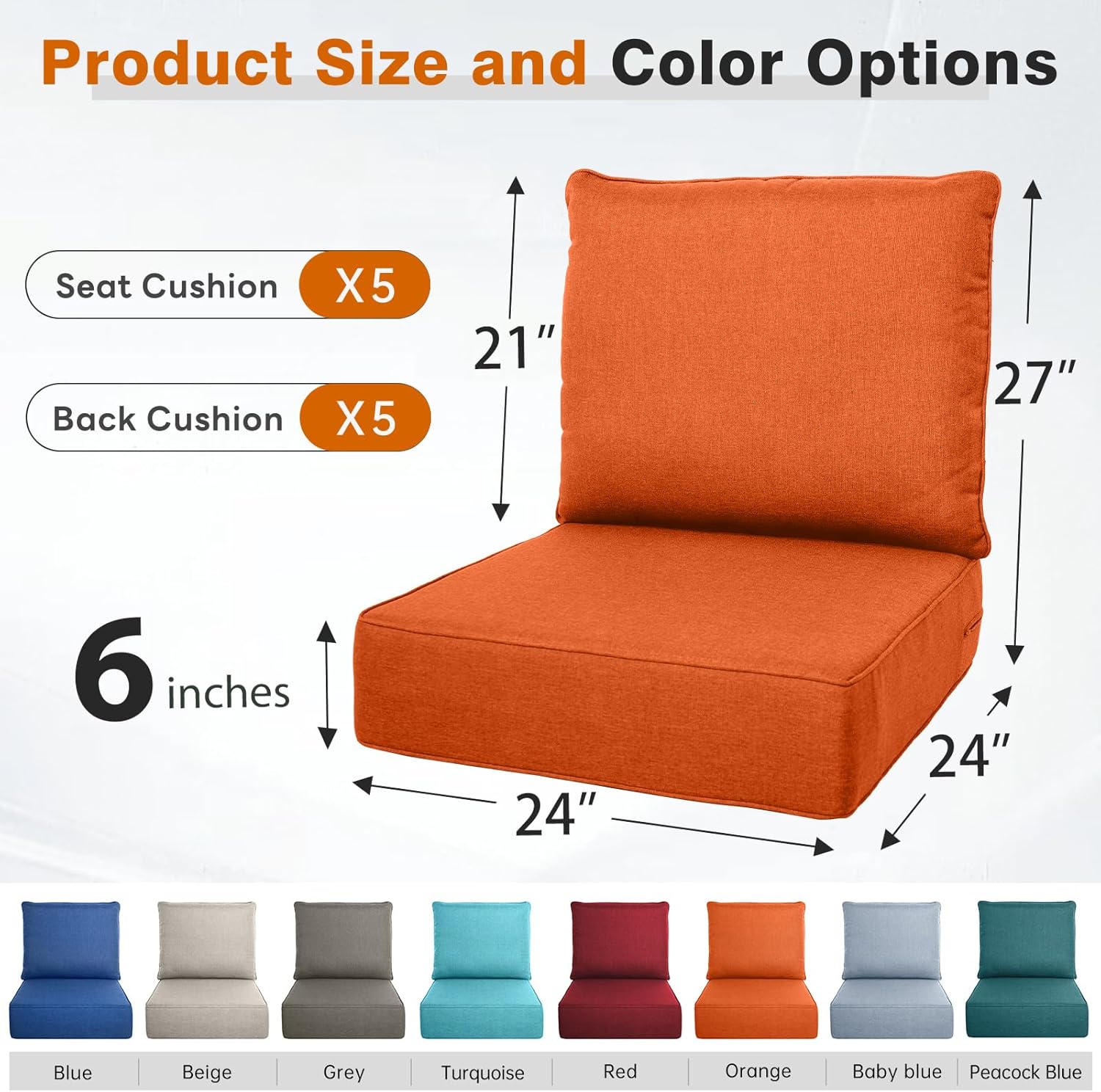 Belord Luxury 6" Thick Outdoor Cushion 5 Set - 24 x24 Inch 28D Sponge Filling Fade-Resistant Chair Cushion  Spill Proof Removable Patio Furniture Replacement Cushion for Sofa Bench Swing - Orange
