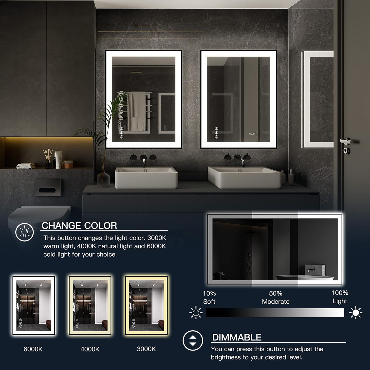 ISKM Framed LED Mirror for Bathroom 40"x36", Dimmable LED Bathroom Mirror with Lights, Anti-Fog, Front and Backlit Lighted Mirror 3-Colors, Shatterproof, Memory Function