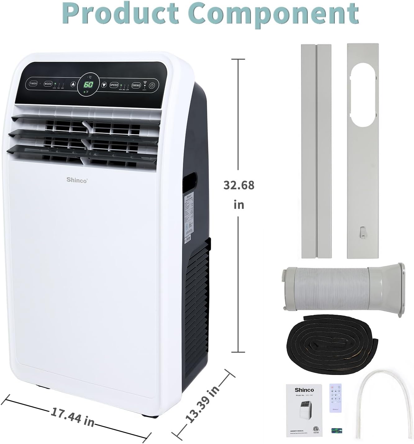 Shinco 12,000 BTU Portable Air Conditioner with WiFi, Portable AC Unit with Built-in Cool, 3-in-1 Cooling Fan & Dehumidifier for Rooms up to 400 Sq.Ft, Remote, 24H Timer, Installation Kits