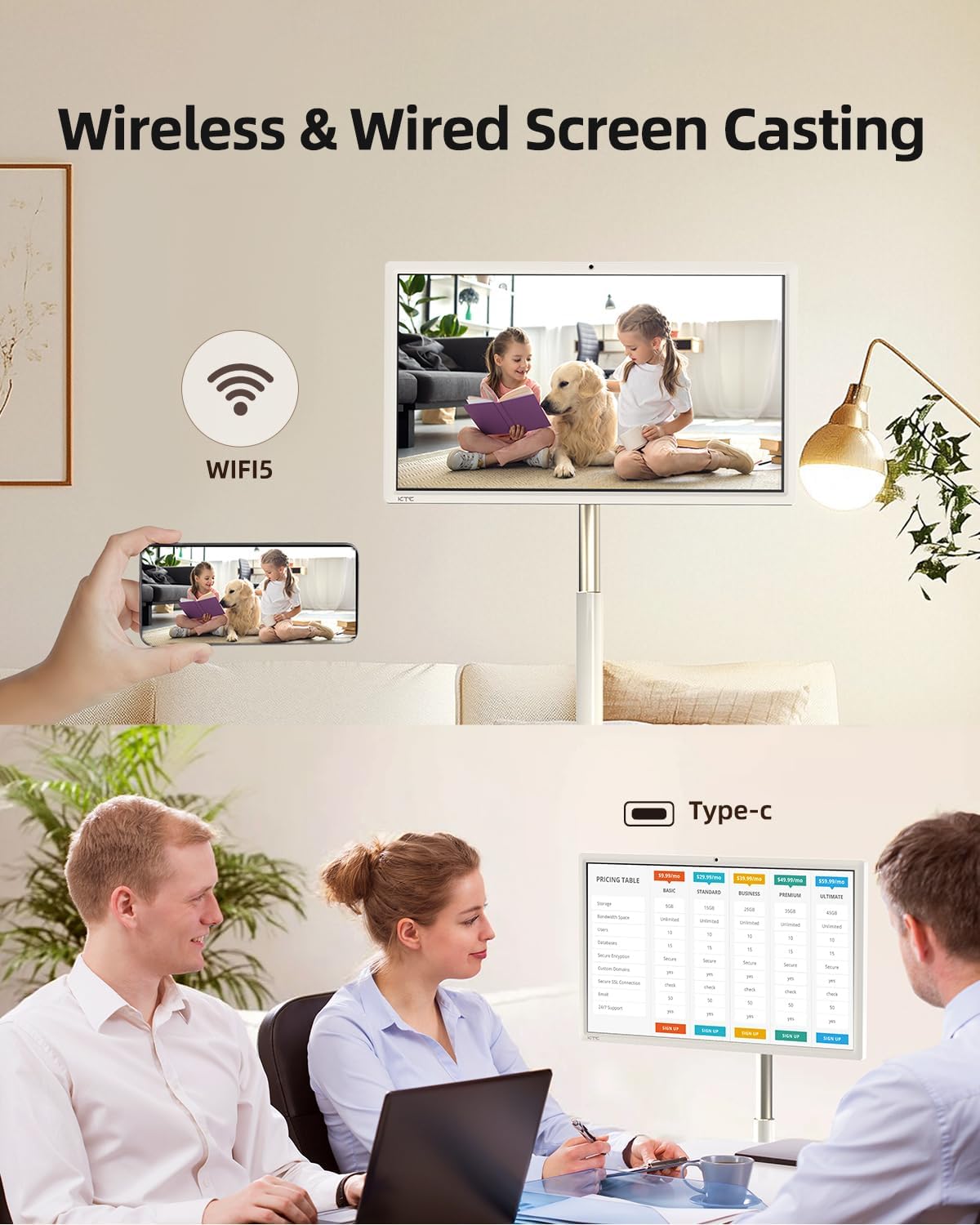 KTC 27 Inch Portable TV Monitor - 1080P Touch Screen Gaming Computer Monitor  60Hz  Bulit-in Camera  Compatible with Google TV  4000:1 Contrast  9500mAh Battery  Tilt/Swivel/Pivot/Height Adjustment