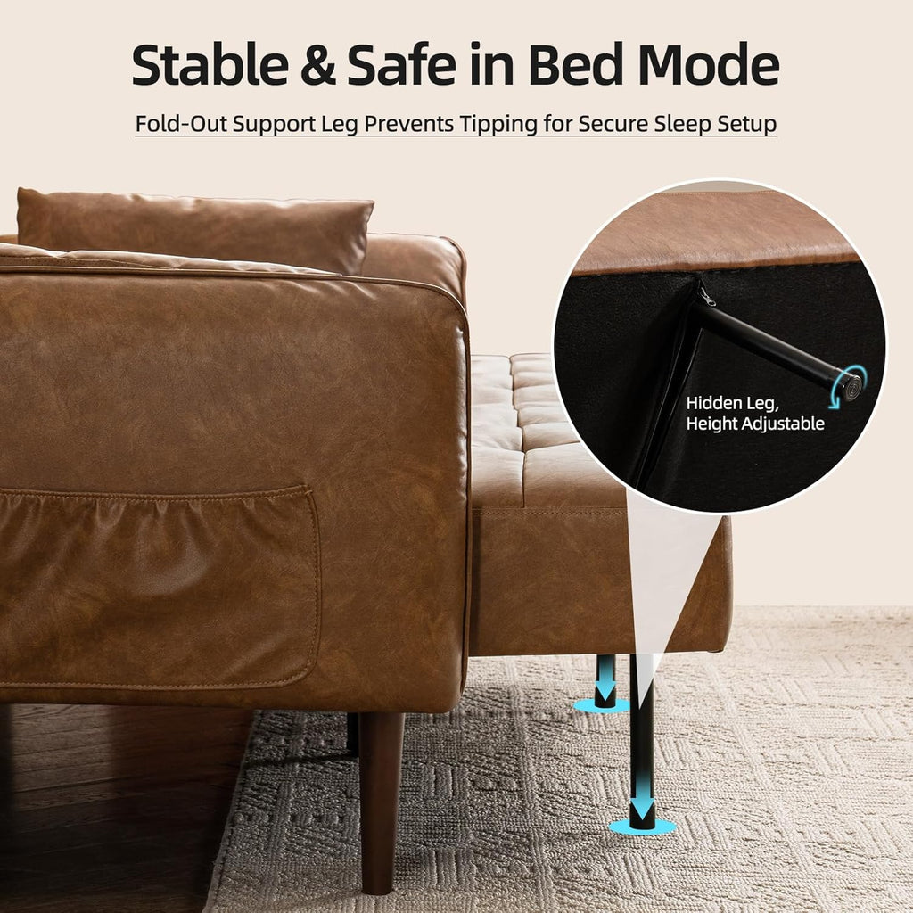 85” Futon Sofa Bed, Sleeper Sofa, Small Couch with Storage Adjustable Armrests Pillows, Faux Leather Loveseat, Mid Century Modern Couches for Living Room, Bedroom, Apartment, Brown