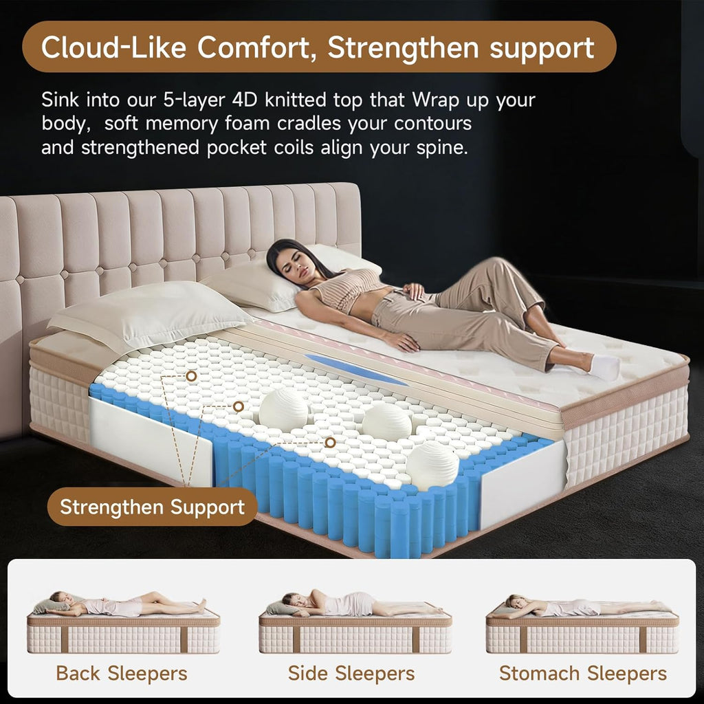 MOOA 12 Inch Queen Mattress - Mattress Hybrid Cooling Gel Memory Foam & Pocket Coils,Medium Firm Mattress in a Box for Ergonomic Spinal Support,Motion Isolation & Edge Support for Side & Back Sleepers